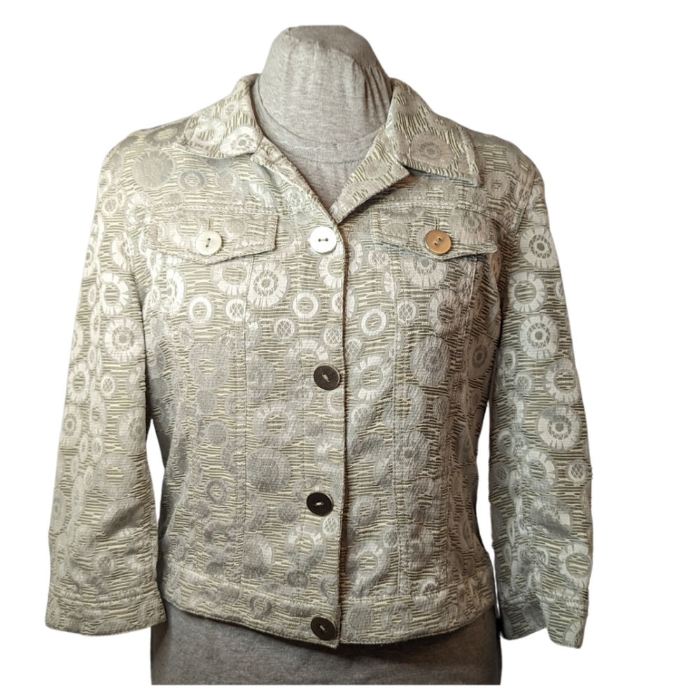 🔖4 for $20 Bianca Nygard sz10 3/4 textured jacquard cream sleeve jacket EUC